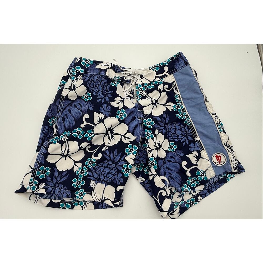 Vintage Y2K Murfie Women’s Board Shorts Size 3 Blue Floral Hibiscus Made in USA